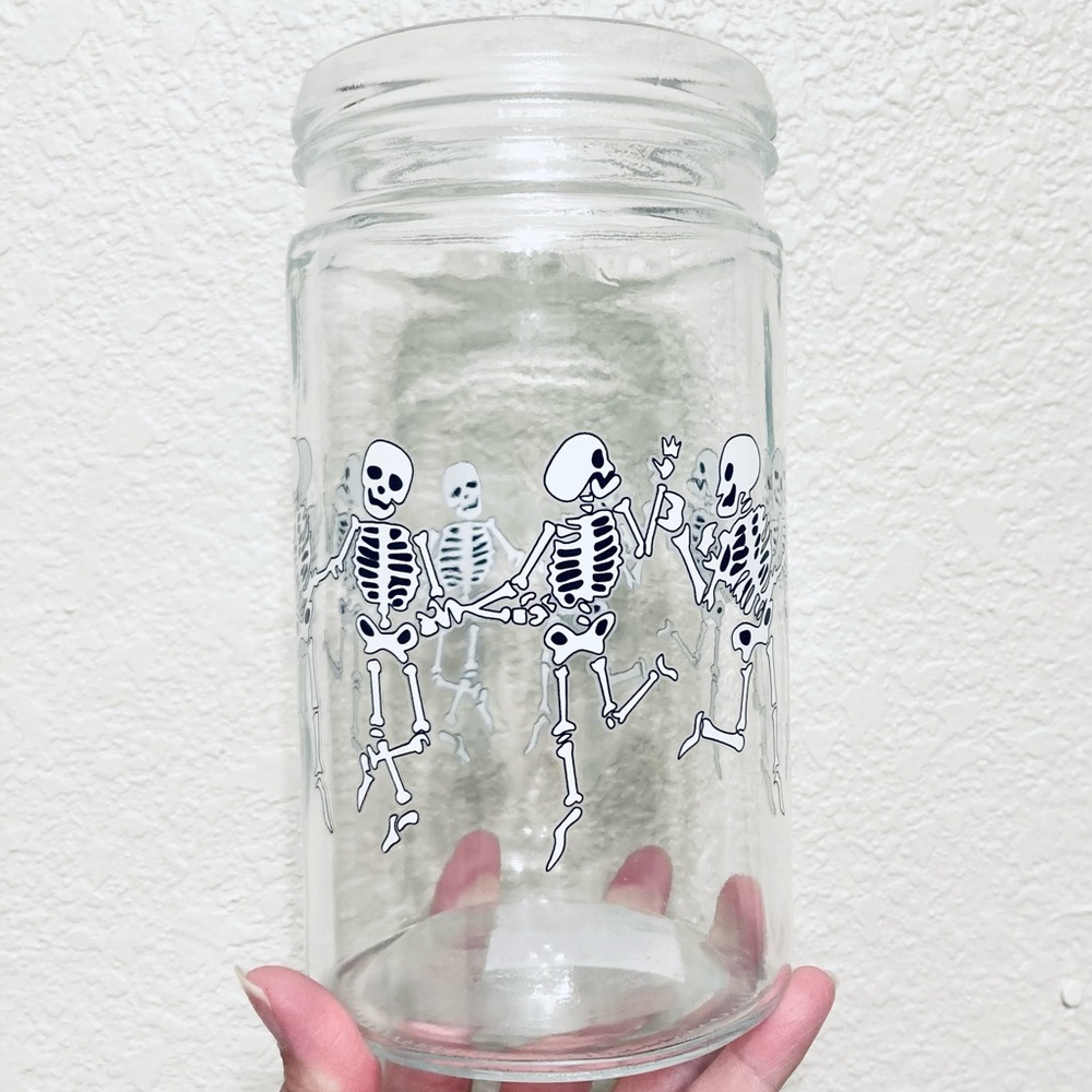 Dancing skeletons glass candy jar 7”